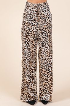 Features: Animal Print, Wide Leg, High Waist, 2 Side Pockets, Zipper and Button Closure, Satin PantsModel is 5'7"(34C 24 34) wearing small- Front Length 44 1/2 Waist 27 Hips 40 Inseam 31 1/2 Material: Satin, 100% Polyester Satin Wide Leg Pants, Leg Pants, Wide Leg Pants, Jumpsuit Dress, Sweater Cardigan, Leopard Print, Animal Print, High Waist, Wide Leg