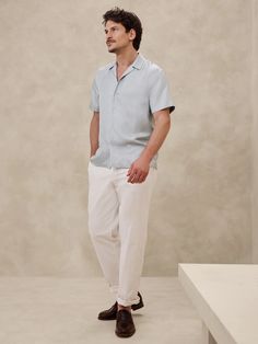 Lyam Silk Resort Shirt | Banana Republic Coastal Outfits Men, Palm Springs Outfit Men, Men Short Sleeve Button Up Outfit, Lunch Outfit Summer, Casual Cocktail Attire, Thursday Dinner, Engagement Outfits Summer, Linen Shirt Outfit, Palm Springs Outfit