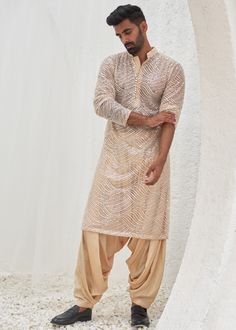 Embroidered kurta with dhoti pants. Kurta With Dhoti Pants For Men, Dhoti Kurta For Men, Dhoti Pants For Men, Eid 2024, India Fashion Men, Kurta With Dhoti, Mahima Mahajan, Mens Traditional Wear, Boys Kurta Design