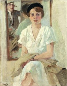 a painting of a woman sitting in front of a mirror with a man standing behind her