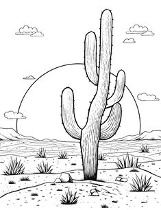 a cactus with the sun in the background and clouds above it, as well as an outline