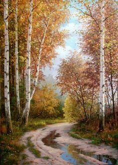 a painting of a dirt road surrounded by trees