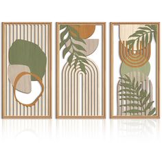 three framed art pieces with plants and shapes