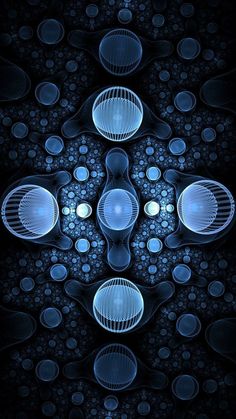 an abstract design made up of circles and dots on a black background with blue lights