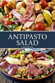 an image of a salad with meats, cheese and vegetables on the side text reads antipasto salad