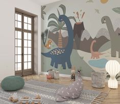 a child's room with dinosaurs painted on the wall and toys in the floor