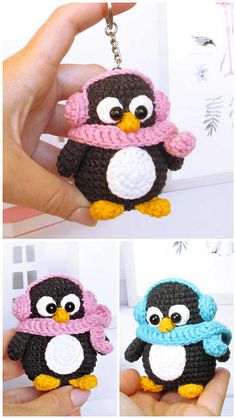 two pictures of a small penguin wearing a hat and scarf