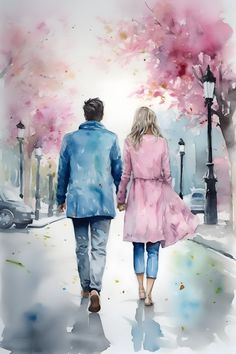 a man and woman are walking down the street holding hands in front of trees with pink blossoms