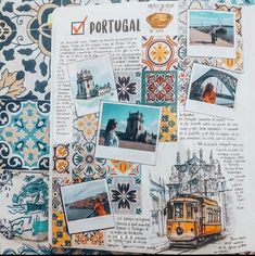 an altered page with many pictures and words on it, including the word portugal written in spanish