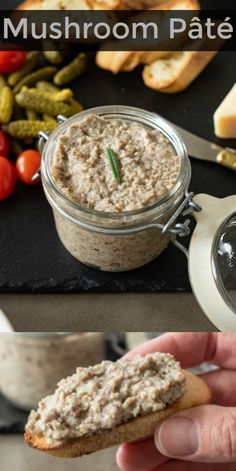 there is a hand holding a cracker with some food in it and the words mushroom pate above it