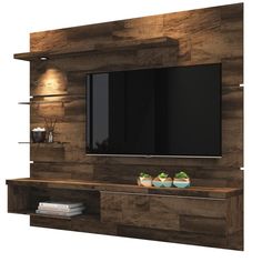 the entertainment center is made out of wood and has two shelves on each side, with a flat screen tv mounted above it