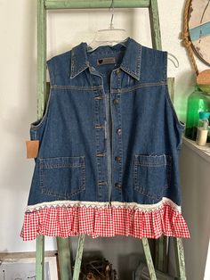 Womens Denim vest. Vest has Red, white, blue and green floral hearts lining the back. Super comfortable and light weight! Womens Denim Vest, Pattern Jacket, Blue Vest, Womens Denim, Jean Vest, Blue Vests, Heart Pattern, Denim Jacket Women, Jacket Pattern