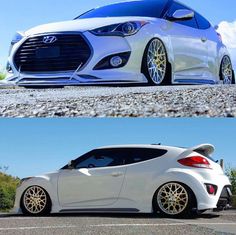 two different cars parked side by side in the same parking lot, one is white and the other has gold rims