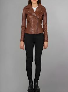 Fitted Long Sleeve Biker Jacket, Modern Fitted Biker Jacket For Streetwear, Modern Fitted Brown Leather Jacket, Trendy Fitted Outerwear For Biker Events, Fitted Long Sleeve Moto Biker Jacket, Modern Fitted Outerwear With Asymmetrical Zip, Fitted Biker Leather Jacket With Zip Fly, Fitted Moto Leather Jacket For Work, Fitted Leather Jacket For Biker Events In Fall