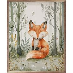 a painting of a fox sitting in the woods