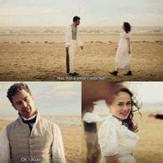 two people are standing on the beach and one person is wearing a white dress while the other has a black tie