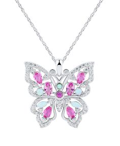 A lacy silver butterfly pendant necklace is adorned with shimmery pink sapphires, opals and cubic zirconia. White Cubic Zirconia Jewelry With Gemstone Accents, Macy's Sterling Silver Jewelry With Gemstones, White Multi-stone Cubic Zirconia Jewelry, Macy's Silver Gemstone Jewelry, Macy's White Gold Jewelry With Accent Stones, Macy's Pink Jewelry For Anniversary, Fine Jewelry Pink Multi-stone Necklace, White Necklace With Gemstone Accents For Gift, White Necklaces With Gemstone Accents For Gifts