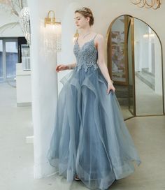 Prom Gown With Lace And Sweep Train, Lace Prom Gown With Sweep Train, Blue Organza Evening Dress For Prom Season, Blue Organza Ball Gown For Prom, Elegant Light Blue Tulle Ball Gown, Blue Tulle Evening Dress With Lace Bodice, Organza Ball Gown For Prom Floor-length, Blue Tulle Gown With Sheer Bodice, Debutante Ball Evening Dress With Lace Bodice