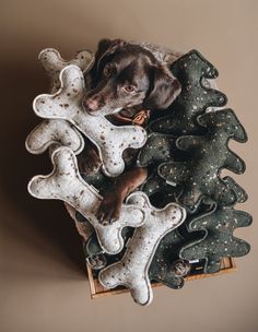 a brown dog laying on top of a pile of bone shaped pillows next to a christmas tree