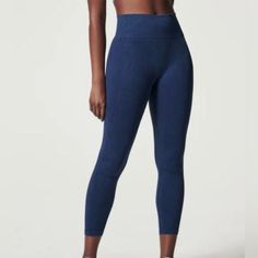 Nwt! Spanx Soft Stretch Seamless Leggings Midnight Navy Small Blue Seamless Bottoms For Pilates, Navy Stretch Activewear For Loungewear, Blue Comfort Stretch Leggings For Workout, Navy High Waist Stretch Activewear, Blue Tight Pants For Loungewear, Blue Comfort Stretch Workout Pants, Blue Stretch Yoga Pants For Loungewear, Blue Comfort Stretch Pants For Workout, Blue Comfort Stretch Leggings For Pilates