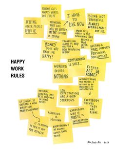 sticky notes with words written on them and the words happy work rules in different languages