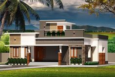 a small house with two floors and lots of greenery on the front lawn, surrounded by palm trees