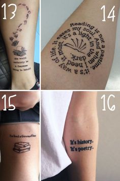 four different tattoos on the legs of people with their names and numbers written in them