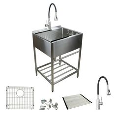 a stainless steel sink and faucet are shown with accessories to make it look like an outdoor kitchen