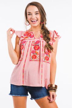 Split Neck Embroidery Top, Blush :: NEW ARRIVALS :: The Blue Door Boutique Feminine Cotton Embroidered Top, Pink V-neck Top With Floral Embroidery, Feminine Cotton Embroidered V-neck Top, Summer Embroidered Blouse With Flutter Sleeves, Pink Embroidered Feminine Blouse, Summer Embroidered Top With Flutter Sleeves, Pink Feminine Embroidered Blouse, Feminine Cotton Blouse With Butterfly Sleeves, Summer Flutter Sleeve Embroidered Top