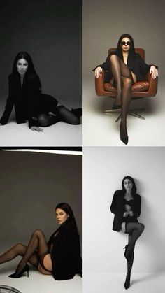 four different pictures of women in black clothing and stockings, one sitting on a chair