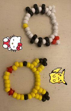 three different bracelets made out of candy corn and black, white, and yellow beads