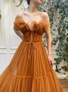 Orange Prom Dress Long, Goddess Prom Dress, Western Dresses For Girl, Teuta Matoshi, Orange Prom Dresses, Frilly Dress, Georgina Rodriguez, Orange Dresses, Dress Design Sketches