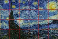 the starry night painting is on display in front of a wall with red and blue squares