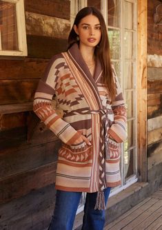 A unique Southwestern-style mid-length cardigan with a braided belt. Designed in LA! Click to shop for more affordable boho cardigans! Bohemian Brown Sweater Coat For Fall, Bohemian Brown Long Sleeve Sweater Coat, Southwestern Brown Outerwear For Fall, Southwestern Style Brown Outerwear For Fall, Statement Cardigan, Bohemian Cardigan, Affordable Boho, Warm Shawl, Fall Cardigan