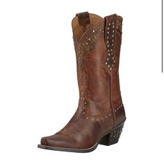 Size 7 - Fit A 6.5-7 Brown Leather Discontinued Ariat Model Of Cowgirl Boots General Scuffs From Wear Sprayed With Water Repellant Western Boots With Rhinestone Rivets, Fitted Leather Boots With Rhinestone Rivets, Brown Cowgirl Boots, Ariat Shoes, Cowgirl Boots, Over The Knee Boots, Over The Knee, Knee Boots, The Knee