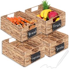 three baskets filled with different types of fruits and veggies in each basket, labeled'bread, fruit, vegetables, and drinks '