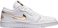 Gold Modern Sneakers For Streetwear, Gold Sneakers With Metallic Logo For Streetwear, Classic Gold Sneakers For Streetwear, Gold Luxury Sneakers With Metallic Logo, Luxury Gold Sneakers With Metallic Logo, Wmns Air Jordan 1, Nike Air Jordan 1 Low, Wings Logo, Air Jordan 1 Low