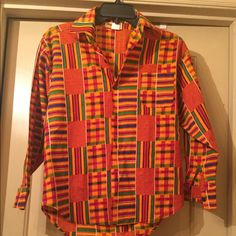 Boy’s Kente Cloth Long Sleeve Shirt. Nwot Fun Multicolor Long Sleeve Shirt, Fun Long Sleeve Cotton Shirt, Spring Yellow Patchwork Shirt, Fun Multicolor Unisex Tops, Yellow Patchwork T-shirt For Spring, Long Sleeve Multicolor Cotton Shirt, Multicolor Long Sleeve Cotton Shirt, Retro Orange Cotton Shirt, Colorful Long Sleeve Cotton Shirt