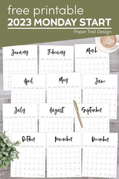 the free printable calendar for monday start is shown on top of a wooden table