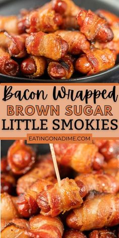 bacon wrapped brown sugar little smokies on a black plate with text overlay