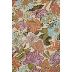 an area rug with flowers and leaves in various colors on the ground, including pink, blue