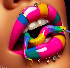 a woman's mouth with colorful lipstick and snake on it, as if she is wearing