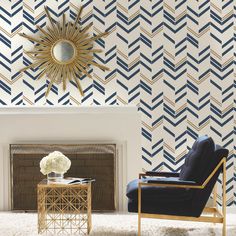 Chevron Stripe Peel & Stick Wallpaper in Blue by RoomMates for York Wallcoverings Paint Chevron Stripes, Apartment Wall Decor, Motif Art Deco, Wallpaper Accent Wall, Blue Vinyl, Blue Chevron, Peel Stick Wallpaper, Striped Wallpaper, Wallpaper Decor