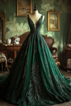 Chotronette Dresses Green, Dark Green Wedding Dresses, Yule Ball Dress Ideas Slytherin, Slytherin Ball Gown, Dark Green Princess Dress, Dark Green Grad Dresses, Green Royal Dress, Slytherin Wedding Dress, Forest Green Ball Gown