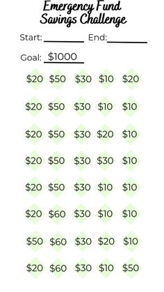 the emergency fund savings challenge worksheet is shown in green and white with numbers on it