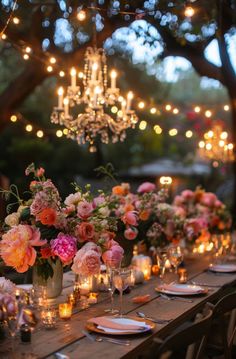 an outdoor dinner table with candles and flowers in vases on the table, surrounded by hanging chandeliers