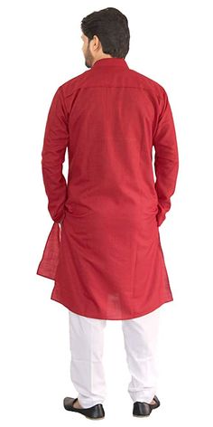 Everyone desires to look good on special occasions. Here is what makes the perfect dress for gentleman and make him look adorable. Make one feel happy by giving this cotton kurta pajama set as a wonderful gift for your loved one's next birthday, anniversary, wedding or any occasion. Color - Red Included: Kurta and Pant type Pyjama Information: Care Instruction: Hand Wash Type: Full-Stitched Material: Cotton Fit Type: Regular Neck Style: Ban collar Sleeve - Full Sleeve Length: Knee Long Size Guid Cotton Casual Kurta For Eid, Casual Cotton Kurta For Eid, Casual Red Cotton Kurta, Fitted Cotton Top For Eid, Red Cotton Kurta For Festivals, Red Cotton Straight Kurta Tops, Casual Cotton Kurta For Festivals, Casual Fitted Kurta For Festivals, Red Cotton Kurta For Diwali