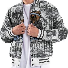 Brand Dunkare Reverse Black White 6s Shirt - Rich Man Bear Banknotes Art All Over Print Baseball Varsity Jacket Graphic Print Cotton Outerwear For College, Sports Graphic Print Cotton Outerwear, Graphic Print Cotton Sports Outerwear, Casual Cotton Varsity Jacket With Graphic Print, Patchwork Crew Neck Outerwear For Streetwear, Urban Style College Varsity Jacket With Graphic Print, Casual Outerwear With Character Print, Hip Hop Cotton Outerwear With Graphic Print, Streetwear Outerwear With Character Print