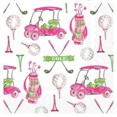 pink golf themed napkins with green and white designs on them, including the driver's clubs