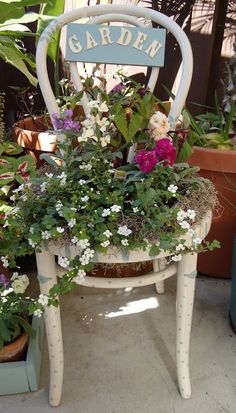 a chair that has some flowers in it and is sitting on the ground next to potted plants